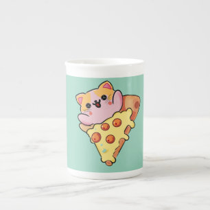 Kawaii Katze umarmt Pepperoni-Pizza-Cartoon Prozellantasse