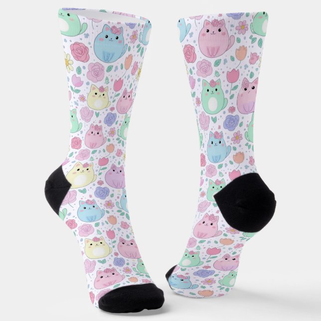 Kawaii-Katze und Blumenmuster Pastell Socken (Gewinkelt)