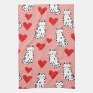 Kawaii-Katze und Herz-Valentinstagsmuster (5) Geschirrtuch