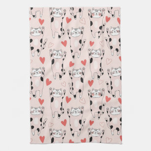 Kawaii-Katze und Herzen Valentinstag-Muster (2) Geschirrtuch