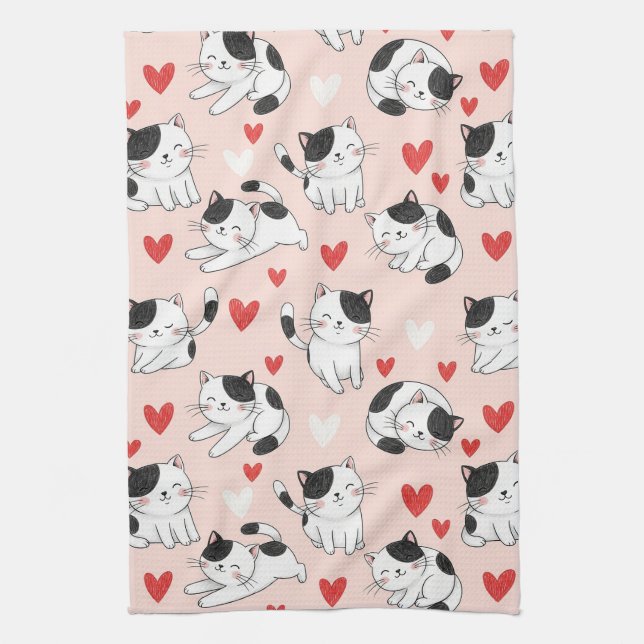 Kawaii-Katze und Herzen Valentinstag-Muster (7) Geschirrtuch (Vertikal)