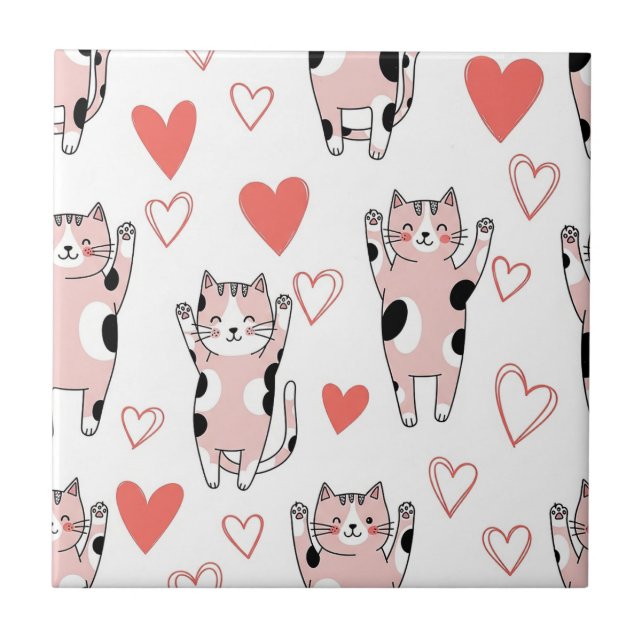 Kawaii-Katze und Herzen Valentinstag-Muster (8) Fliese (Vorderseite)