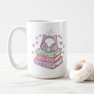 Kawaii-Katzen-Kopfhörer-Magie-Bücher-Tasse Kaffeetasse