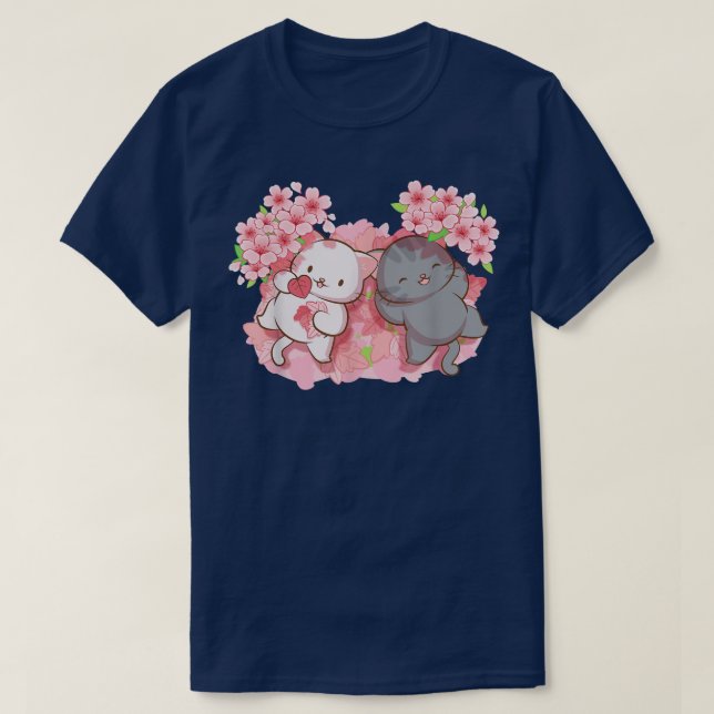 Kawaii Katzen unter Cherry Blossom Bäume Japanisch T-Shirt (Design vorne)