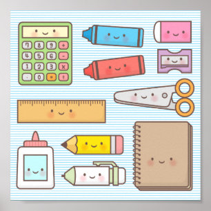 Kawaii Kids Back to School Supplies Wall Decor Poster