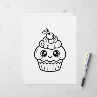 Kawaii Kirsch Großäugige Cupcake-Malvorlage Briefbogen