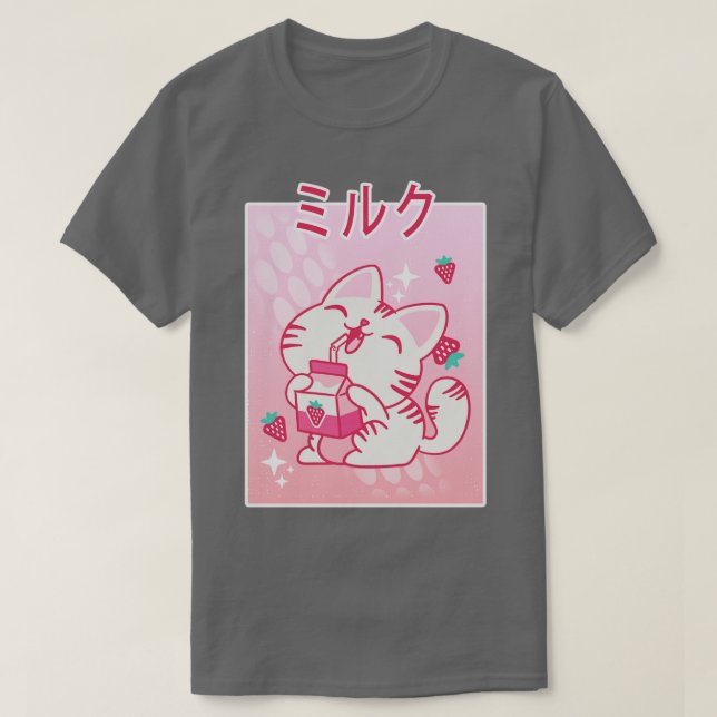 Kawaii Kitten Strawberry Milk Otaku Mang T-Shirt (Design vorne)