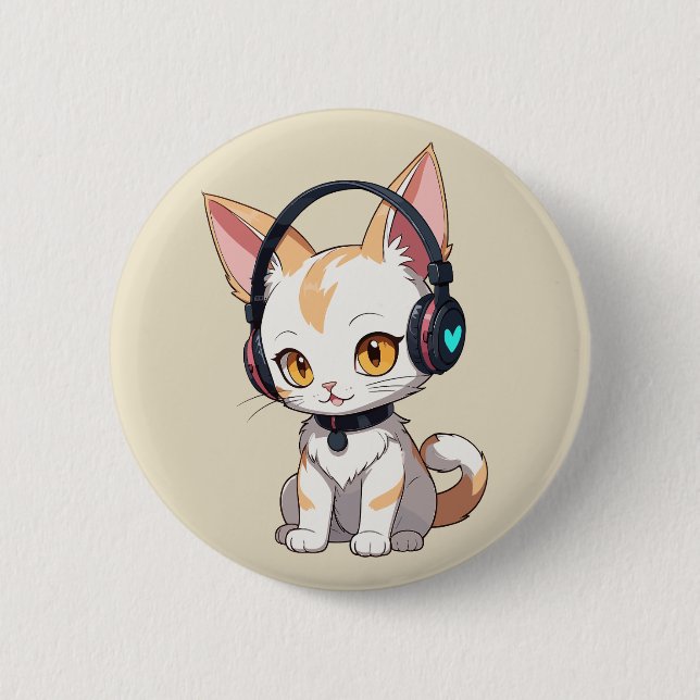 Kawaii Kitty in Rocking-Kopfhörer Button (Vorderseite)