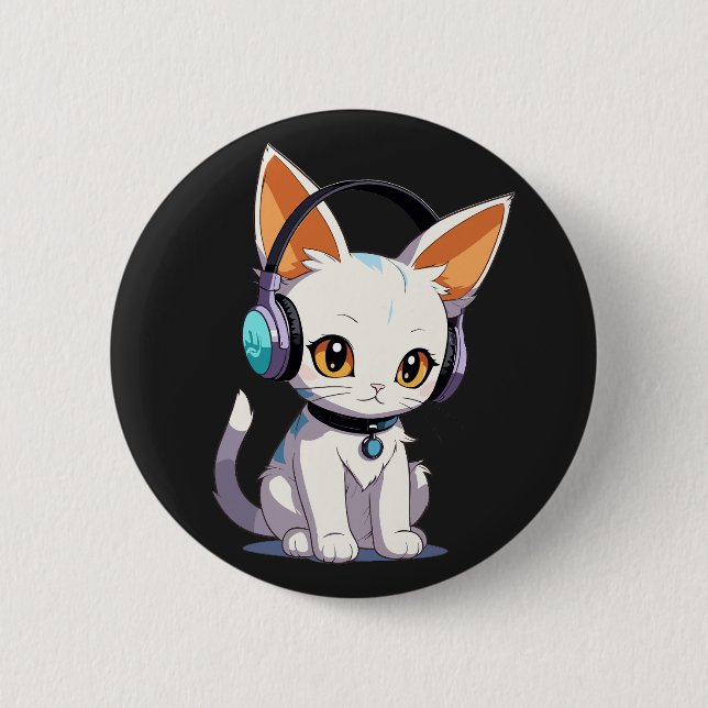 Kawaii Kitty mit stilvollen Kopfhörern Button (Vorderseite)