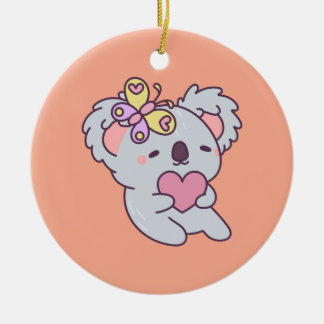 Kawaii Koala with Heart and Butterfly Keramik Ornament