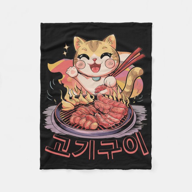 Kawaii Korean Cat Eating Grillen Fleecedecke (Vorderseite)
