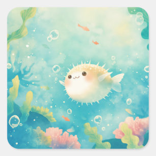 Kawaii Kugelfisch Aquarell Unterwasser-Kinderzimme Quadratischer Aufkleber