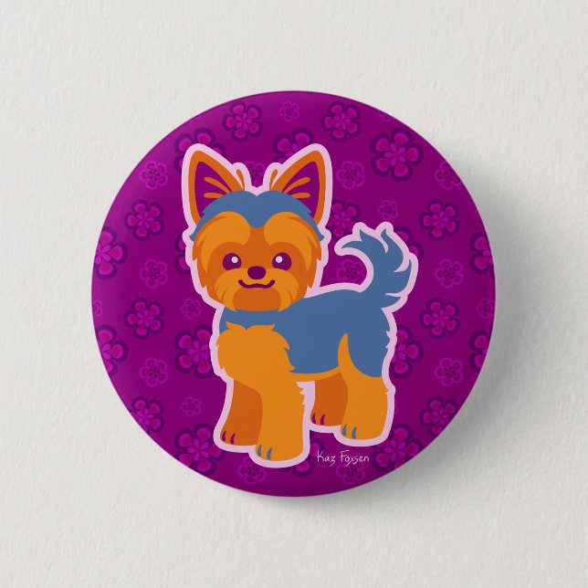 Kawaii Kurz Hair Yorkie Cartoon Hund Button (Vorderseite)