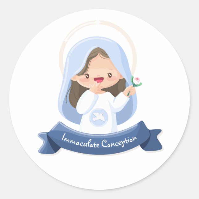 Käwaii lächelnd Jungfrau Mary mit Blume - Weiß Runder Aufkleber (Vorderseite)