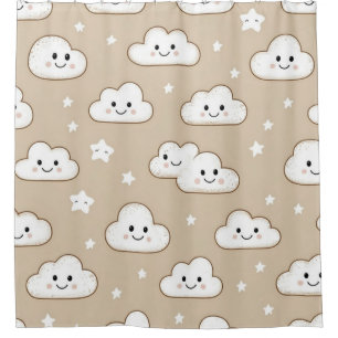 Kawaii lächelnde Wolken & Sterne auf Beige Duschvorhang