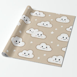 Kawaii lächelnde Wolken & Sterne auf Beige Geschenkpapier