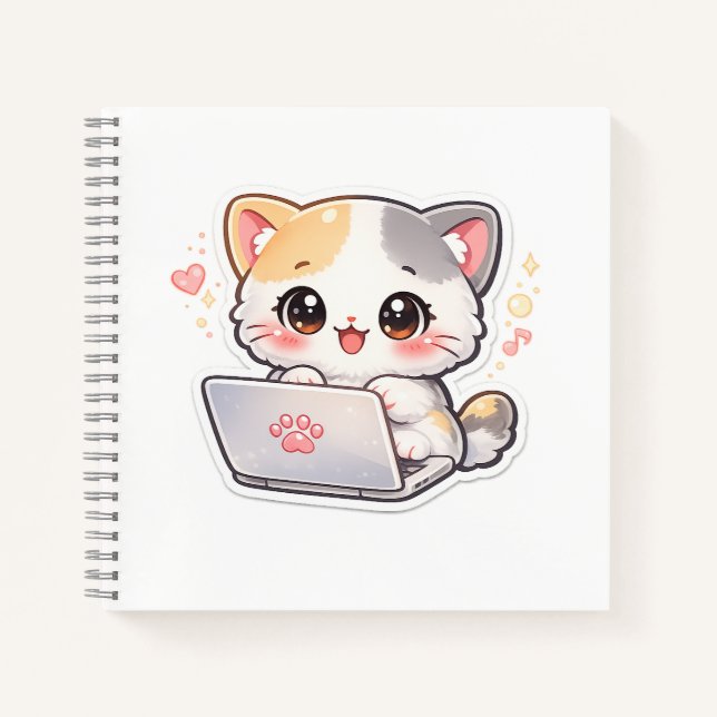 Kawaii Laptop Katzen Notizbuch | Süße Chibi Kitty  (Vorderseite)