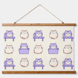 Kawaii Lavendel Dicke Katze Pastell Süße Leinwand  Wandteppich Mit Holzrahmen
