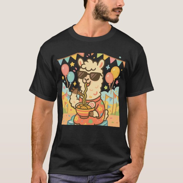 Kawaii Llama Eating Ramen - Niedliches Festival Fo T-Shirt (Vorderseite)