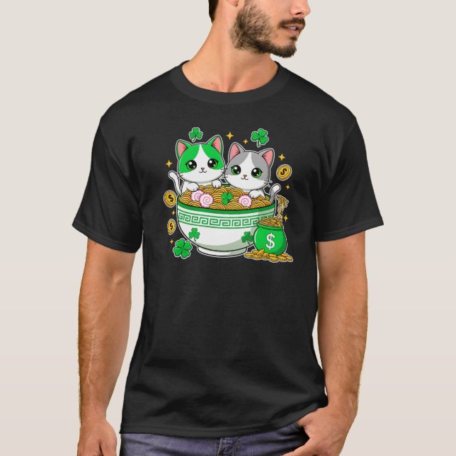 Kawaii Lucky Cats Ramen St Patricks Day Art T-Shirt (Vorderseite)