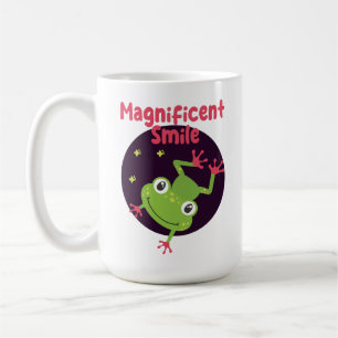 Kawaii lustiger süßer glücklicher Frosch lächelnd Kaffeetasse