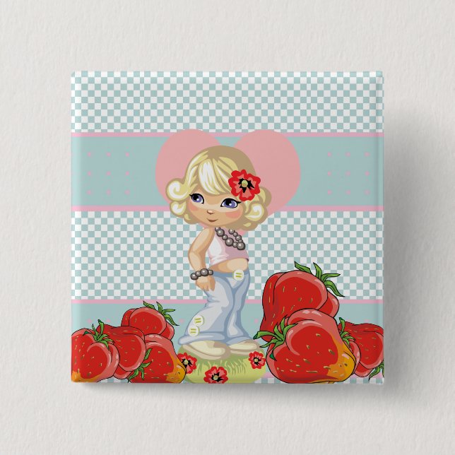 Kawaii-Mädchen mit Erdbeeren sehr niedlich Button (Vorderseite)