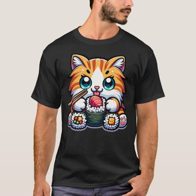 Kawaii Mainecoon Cat Eating Sushi Japanese Food Ki T-Shirt (Vorderseite)