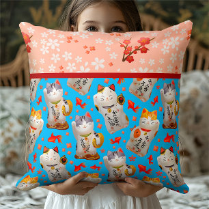 Kawaii Maneki Neko   Blauer Kimono-Stil floral Kissen