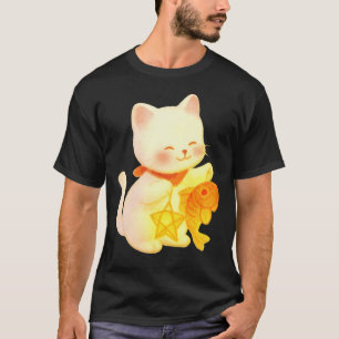 Kawaii Maneki Neko Katze mit Fisch- und Sternverzi T-Shirt