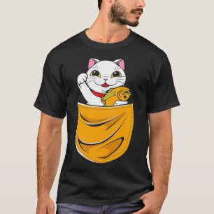 Kawaii Maneki Neko Niedlich Lucky Cat in Pocket T-Shirt
