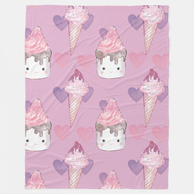 Kawaii Marshmallow & Ice Cream Muster Fleecedecke (Vorderseite)
