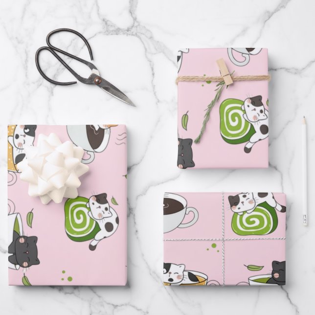 Kawaii Matcha Katzen Nahtloses Muster Geschenkpapier Set (Vorderseite)