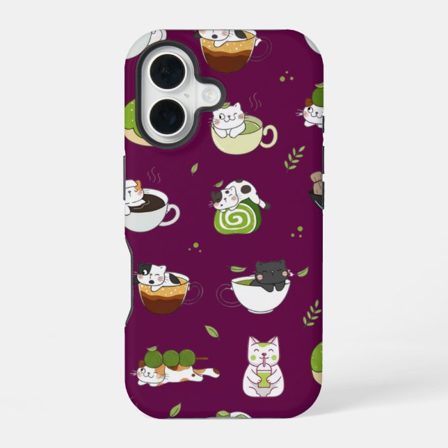 Kawaii Matcha Katzen Nahtloses Muster iPhone 16 Hülle (Rückseite)