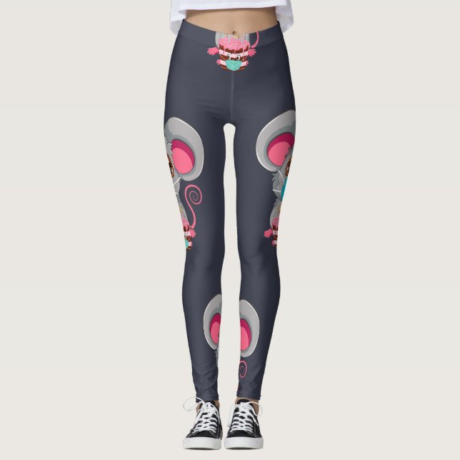 Kawaii-Maus mit Gesichtsmaske und Kuchen Leggings (Vorderseite)