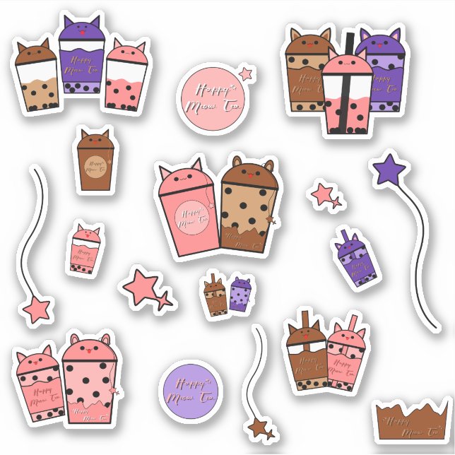 Kawaii Meow Tea Vinyl Sticker | Set von 17 Aufkleb (Vorderseite)