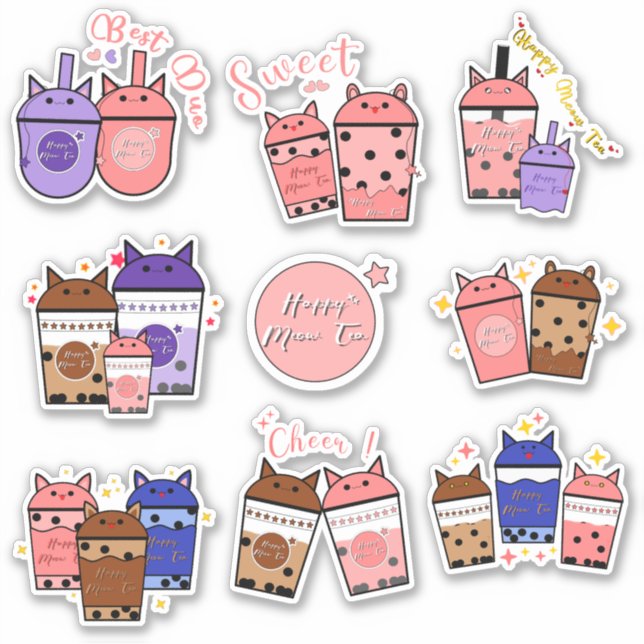 Kawaii Meow Tee Cup Vinyl Sticker (Vorderseite)