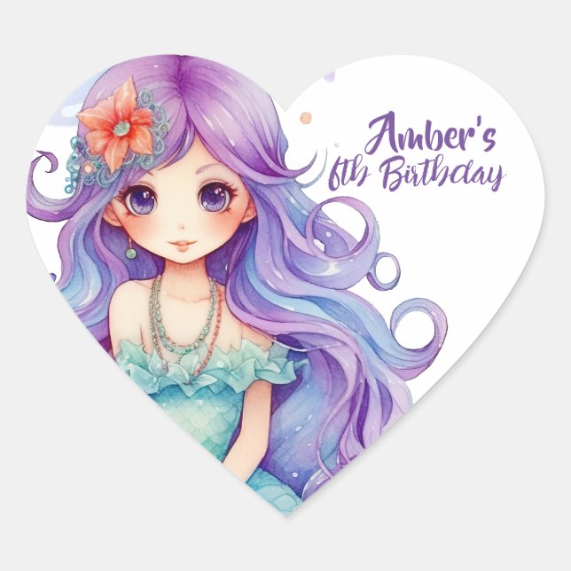 Kawaii Mermaid Party Herz-Aufkleber (Vorderseite)