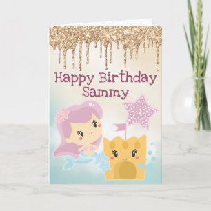 Kawaii Mermaid und Sandcastle Gradient Birthday Karte