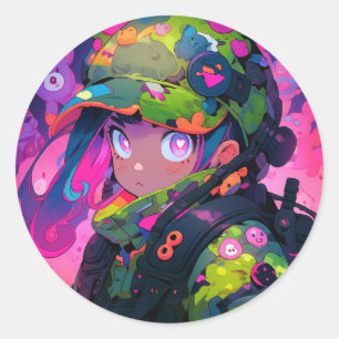 Kawaii Military Hunter Camouflage Herz-Augen-Anime Runder Aufkleber