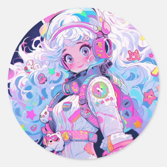 Kawaii Moe Pastel Space Astronaut Anime Girl Runder Aufkleber (Vorderseite)