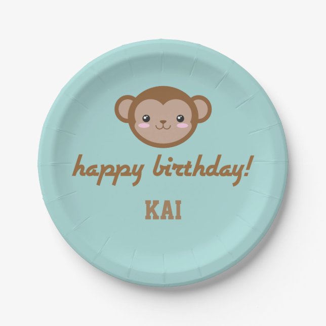 Kawaii Monkey Birthday Party Blue Green Pappteller (Vorderseite)