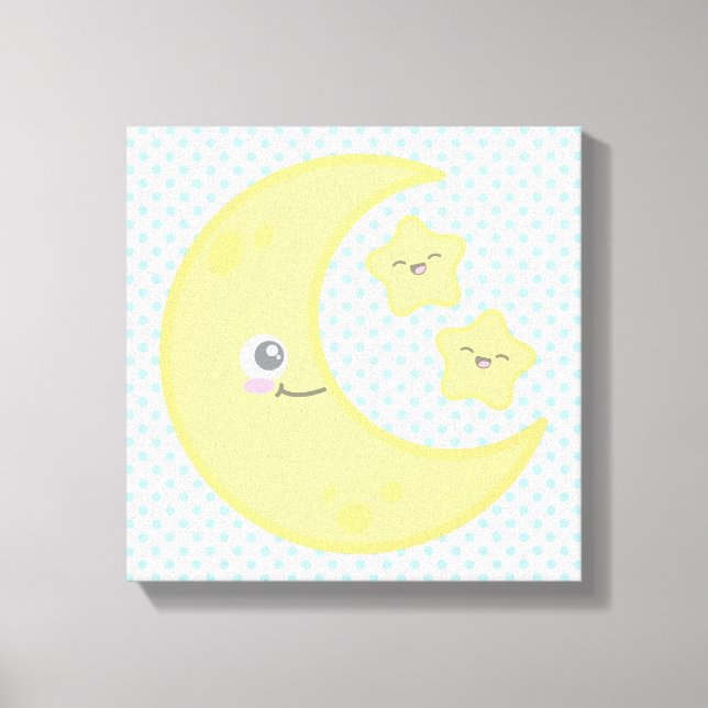 Kawaii Moon und Stars Wrapped Canvas Leinwanddruck (Vorderseite)