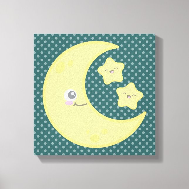 Kawaii Moon und Stars Wrapped Canvas Leinwanddruck (Vorderseite)