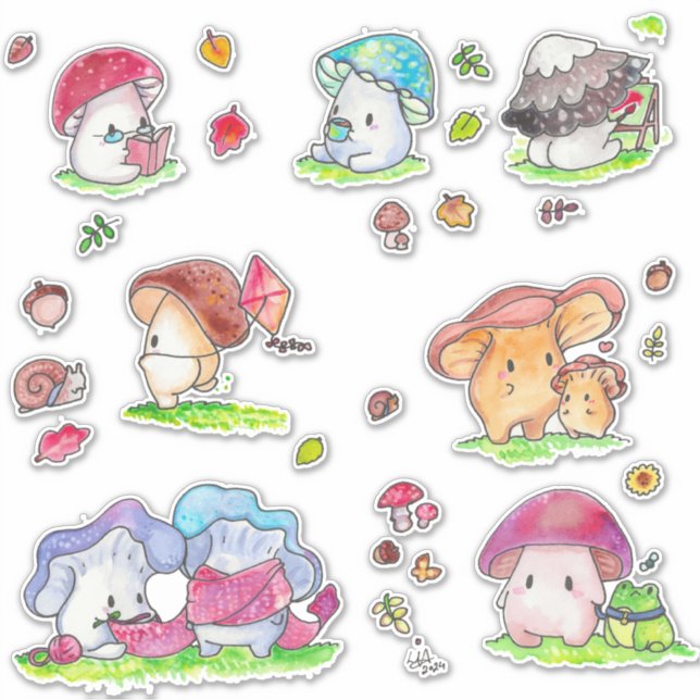 Kawaii Mushroom Friends Sticker Sortiment (Vorderseite)