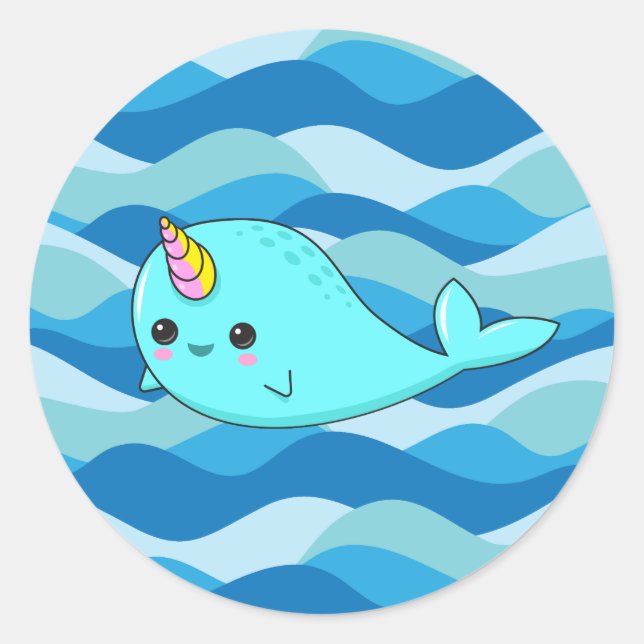 Kawaii Narwhal auf Blue Waves Sticker (Vorderseite)