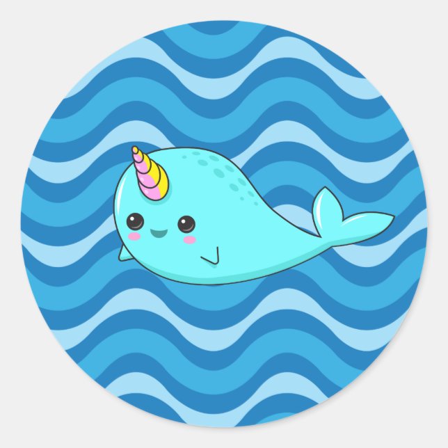 Kawaii Narwhal Blue Waves Sticker (Vorderseite)