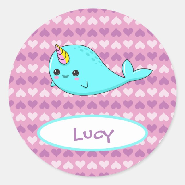 Kawaii Narwhal Lila Heart Name Sticker (Vorderseite)