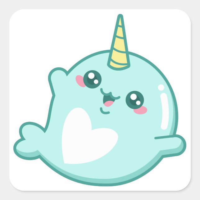 Kawaii Narwhal Quadratischer Aufkleber (Vorderseite)