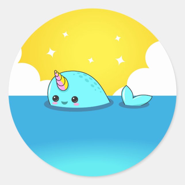 Kawaii Narwhal Runder Aufkleber (Vorderseite)