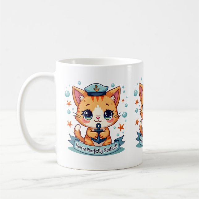 Kawaii Nautical Cat Sailing Anchor Pub Kaffeetasse (Links)